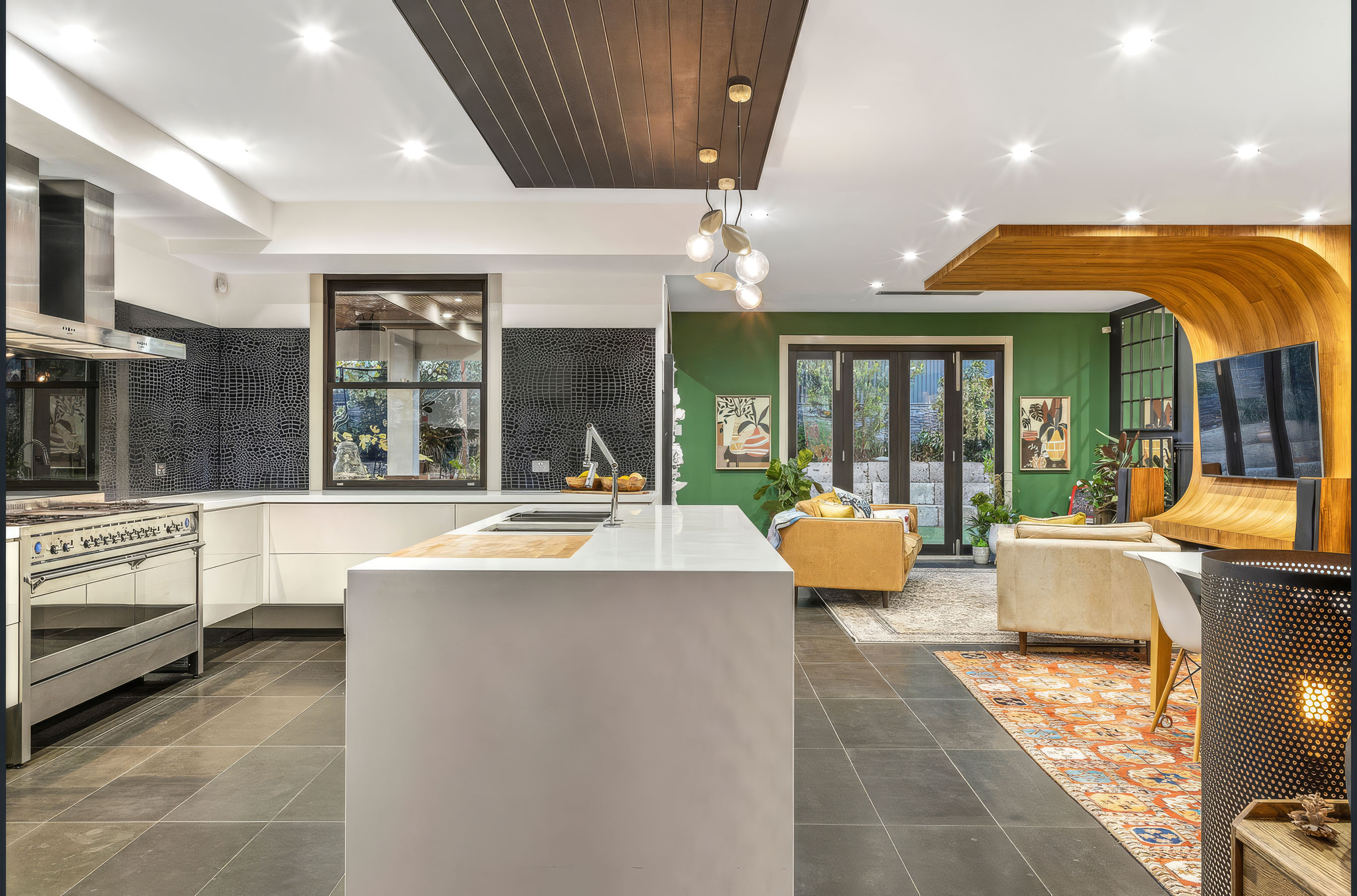 Kitchen living with timber feature